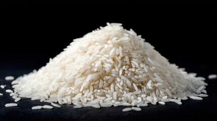 Pile of uncooked white rice grains on a dark background close up.