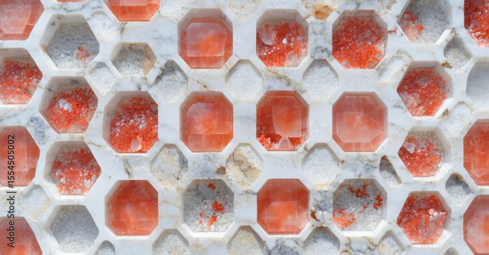 Poster Hexagonal pattern. Marble surrounds reddish stones. Repeating design creates textured surface. Clean lines, geometric shapes visible.
