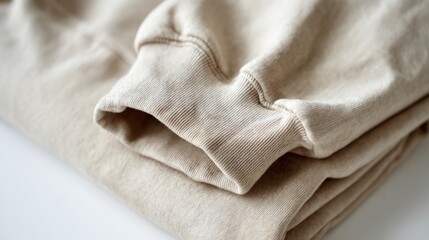 Close up of a beige sweatshirt sleeve and fabric on a white surface.
