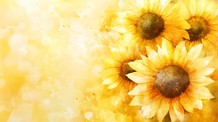 Sunflower and yellow watercolor background with copy space on a light background. Abstract floral background for banner design.