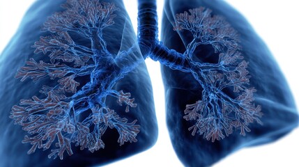 Lungs illustration showing bronchi and alveoli in blue tones on a white background.