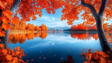 A peaceful lake surrounded by orange and red maple trees, their reflections shimmering on the water under a crisp, clear autumn sky