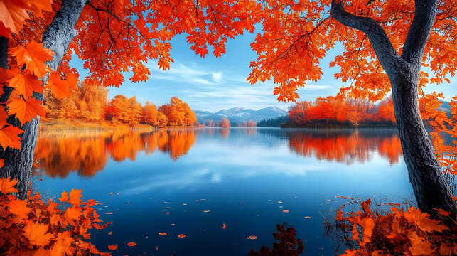 A peaceful lake surrounded by orange and red maple trees, their reflections shimmering on the water under a crisp, clear autumn sky