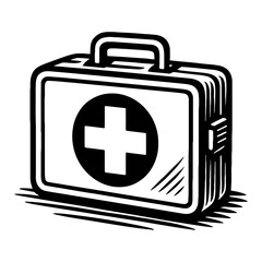 Obraz premium Medical First Aid Kit Black and White Outline Line Art Drawing with Plus Symbol Vintage Engraving Isolated