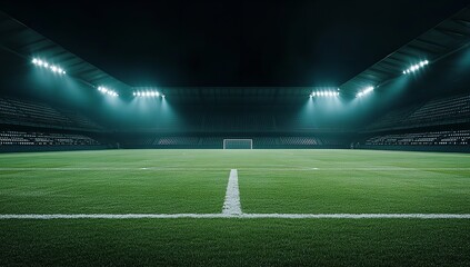 Nighttime View of Dark, Empty Soccer Stadium with Illuminated White Grass Lines and No Lights in the Stands