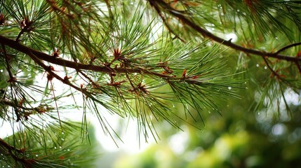 Pine tree branches with needles and cones against a blurred background.