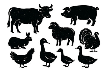 Collection of silhouettes of farm animals - cow, pig, sheep, rabbit, chicken, duck, turkey, goose. Animals side view. Illustration on white background