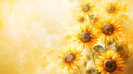 Sunflower and yellow watercolor background with copy space on a light background. Abstract floral background for banner design.