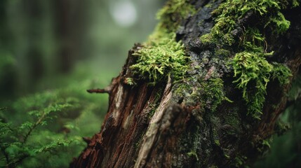 Tree branch covered in green moss in a forest setting with blurred background.