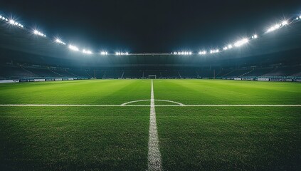 Fototapeta premium Nighttime View of Dark, Empty Soccer Stadium with Illuminated White Grass Lines and No Lights in the Stands