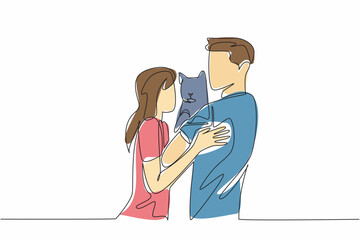 Single one line drawing a couple wife and husband hugging a cat. The only pet left. Cuddling. Always love. Cute and adorable. National Pet Parents Day. Continuous line design graphic illustration