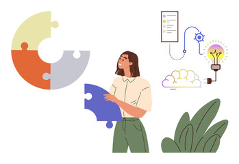 Woman arranging large puzzle pieces alongside innovation flowchart, glowing lightbulb, and cloud concept. Ideal for teamwork, problem solving, innovation, creativity, planning, strategy simple flat