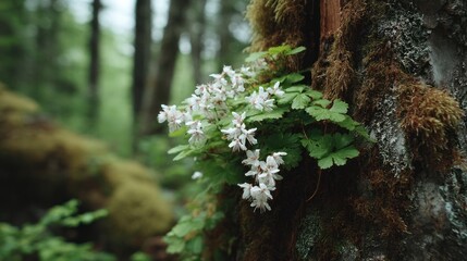 Small white flowers grow on a mossy tree trunk in a forest.