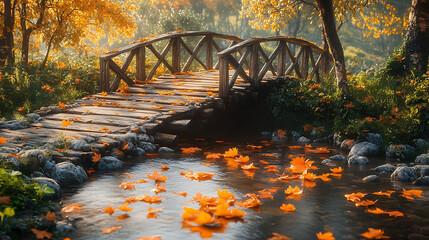 A rustic wooden bridge over a small creek with orange leaves floating downstream, all bathed in golden afternoon light