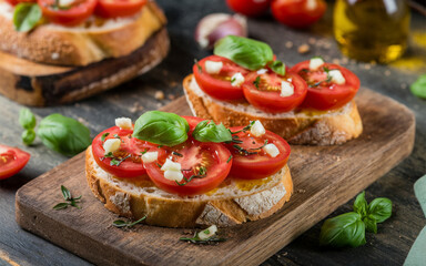 Bruschetta: Italian appetizer of toasted bread topped with tomatoes, garlic, basil, and olive oil. Fresh, tangy, and aromatic. A simple yet flavorful starter.