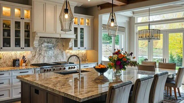 Modern kitchen with granite countertops, wooden beams, and large windows. A vase of flowers and fruit bowl are on the island. Bright and spacious atmosphere. Generative 4k video.