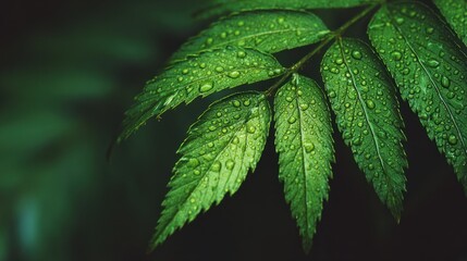 Green leaves with water droplets in a dark natural setting close up.