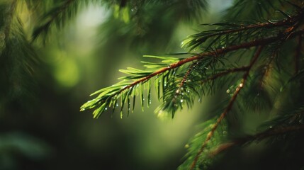 Close-up of evergreen tree branch with needles against a blurred green background.