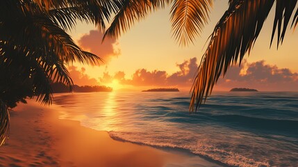 Fototapeta premium Tropical Sunset Beach Scene Palm Trees Frame a Vibrant Golden Hour Ocean View isolated on transparent background