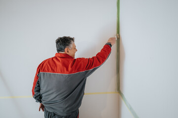 A painter in red and gray uniform painting walls with green accents in a residential interior...
