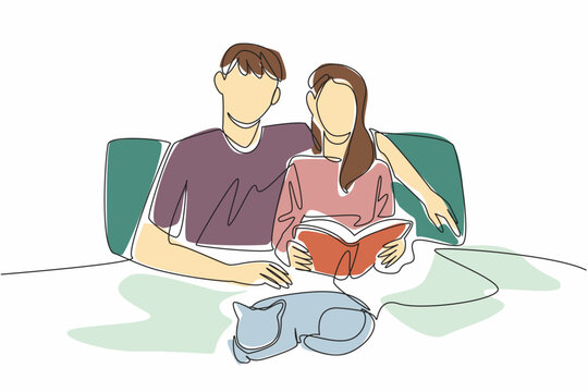 Continuous one line drawing romantic couple relaxing on the bed and reading a book. Quality time with beloved cat. Joy together. National Pet Parents Day. Single line draw design vector illustration - Powered by Adobe