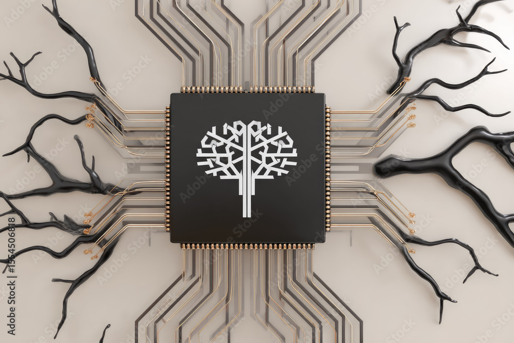 Aufkleber artificial intelligence chip tree root circuit minimal beige background technology organic connectio