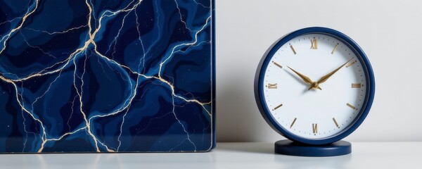Navy Blue and Gold Desk Clock with Abstract Background