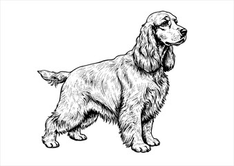  Cocker Spaniel dog pet portrait engraving intricate retro hand drawn style line art black and white vector illustration, isolated on white background