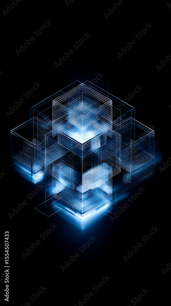 Poster isometric abstract 3d cube cluster, layered squares forming a node-like structure, minimal futuristi