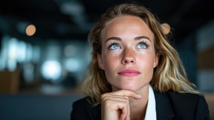 A young woman gazes thoughtfully into the distance, her expression reflecting introspection and potential, set against a softly illuminated urban background.