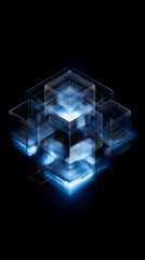 Isometric abstract 3D cube cluster, layered squares forming a node-like structure, minimal futuristic high tech design, black background