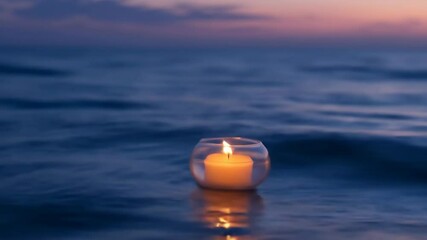 Serene candle floating on calm water at sunset a peaceful scene of a candle on water at dawn or dusk offering a tranquil and relaxing image perfect for visual design editorial or relaxation themes