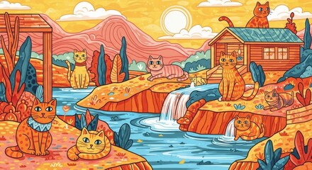 Adorable cats enjoying a serene landscape with a waterfall and cabin. This whimsical illustration features orange, ginger tabbies in a picturesque setting, perfect for children's books or pet-related