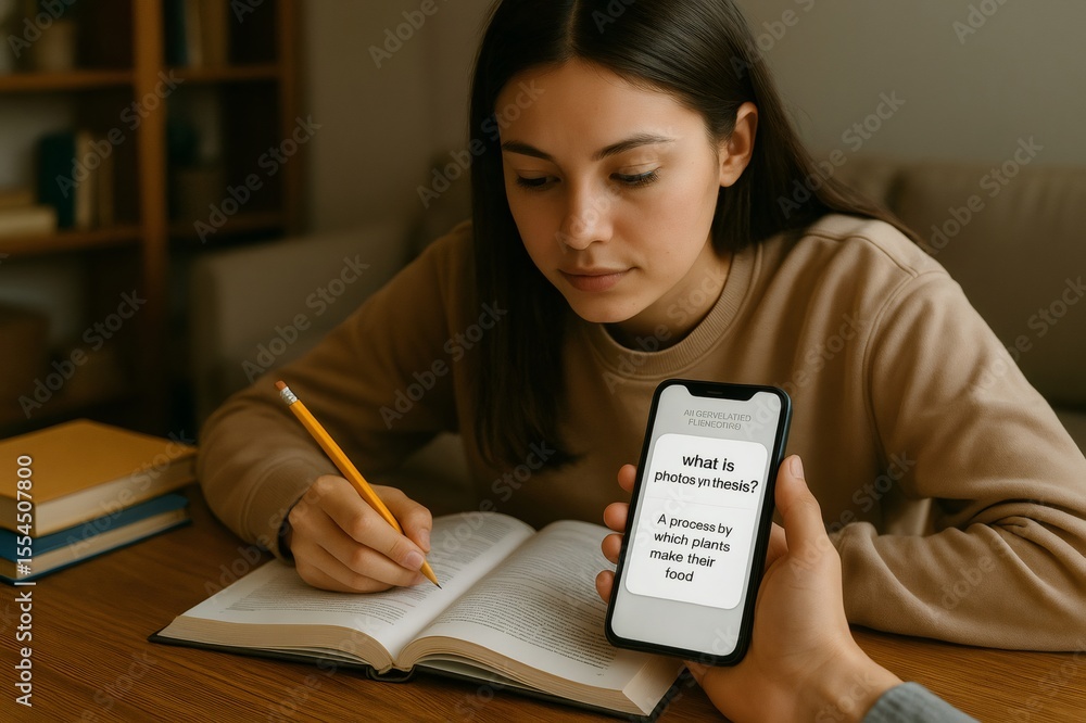 Poster focused student using mobile phone with flashcards app and taking notes, preparing exam or doing hom