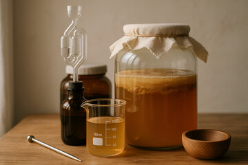 Kombucha Brewing: Large Glass Jar with Scoby Cloth Cover and Liquid.