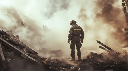 Firefighter surveying damage and destruction caused by powerful earthquake, amidst smoke, debris, and collapsed buildings, highlighting the devastating impact of natural disasters