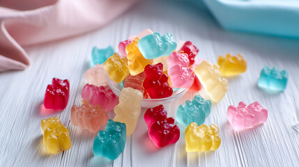 Bowl of gummy bears with a blue bear in the middle