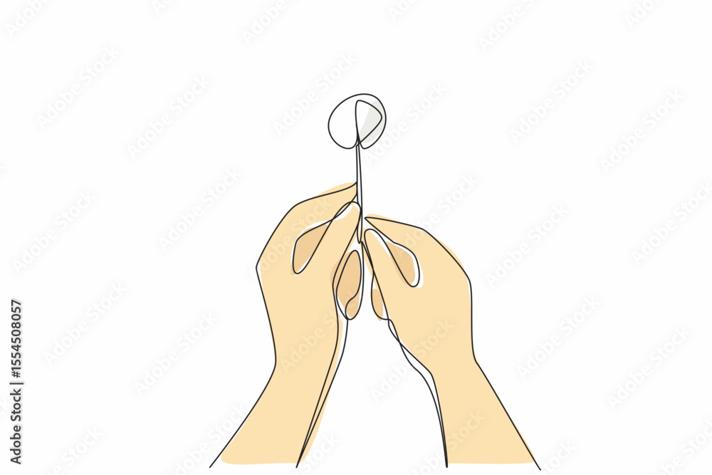 Poster single continuous line drawing two hands are holding a dandelion. a whole dandelion that has not yet