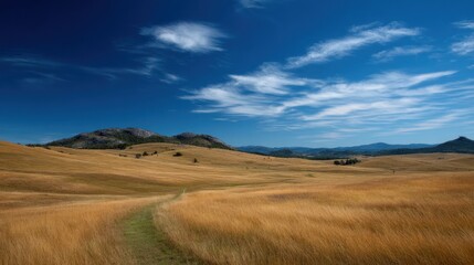 Golden field with a path leading to distant hills under a blue cloudy sky.