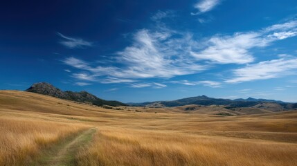 Grassy field with a path under a blue sky with clouds in nature.