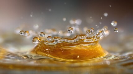 Water droplets form a crown splash over a liquid surface with orange hue.
