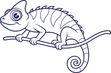 Chameleon Lizard Vector | Reptile, Cute Animal, Line Art, Tree Branch, Wildlife Illustration