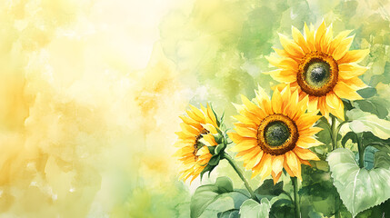 Yellow sunflowers with green and yellow gradient watercolor painting background. Abstract floral background with empty space.