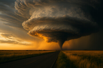 Dramatic Tornado Emerging from a Supercell Storm Cloud at Sunset.