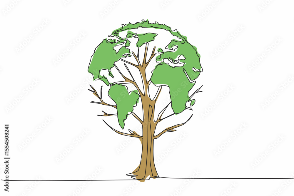 Poster single one line drawing a tree whose leaves form a globe. a sign. symbolism. a dense tree is good fo