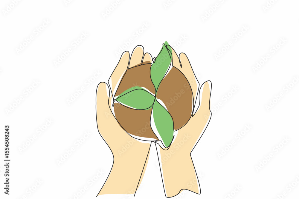 Poster single continuous line drawing two hands holding a newly grown tree with its soil. people who care a