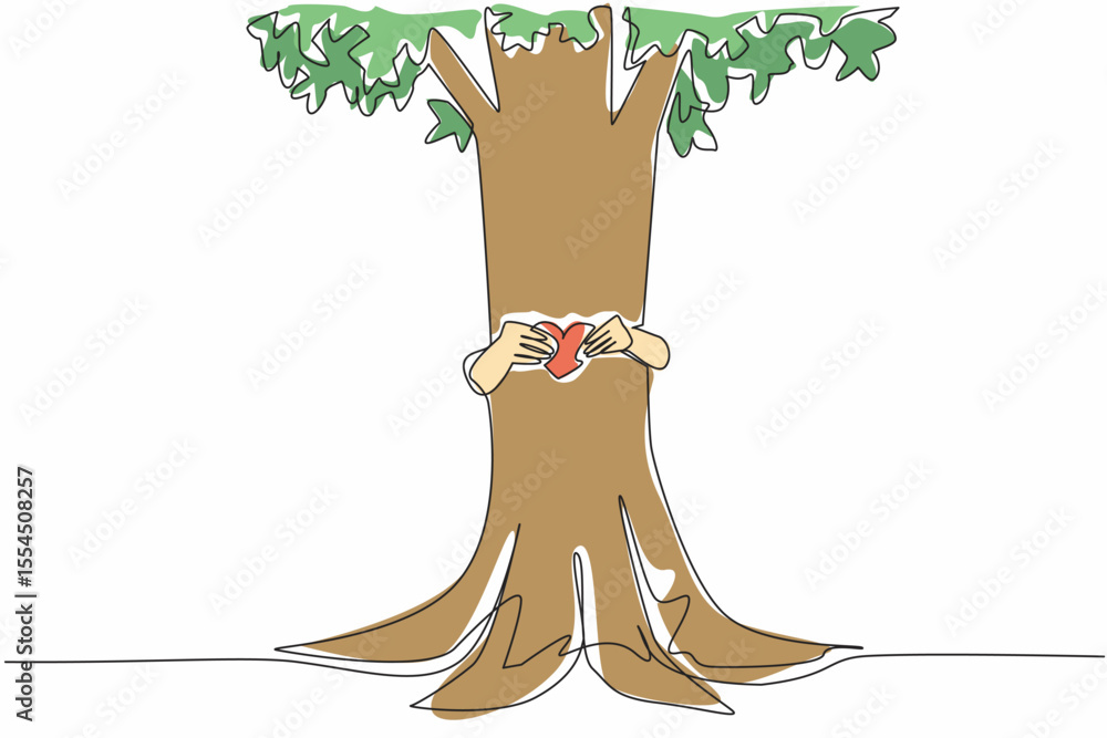 Poster single one line drawing two hands hugging a tree from behind while holding a heart shaped paper. sym