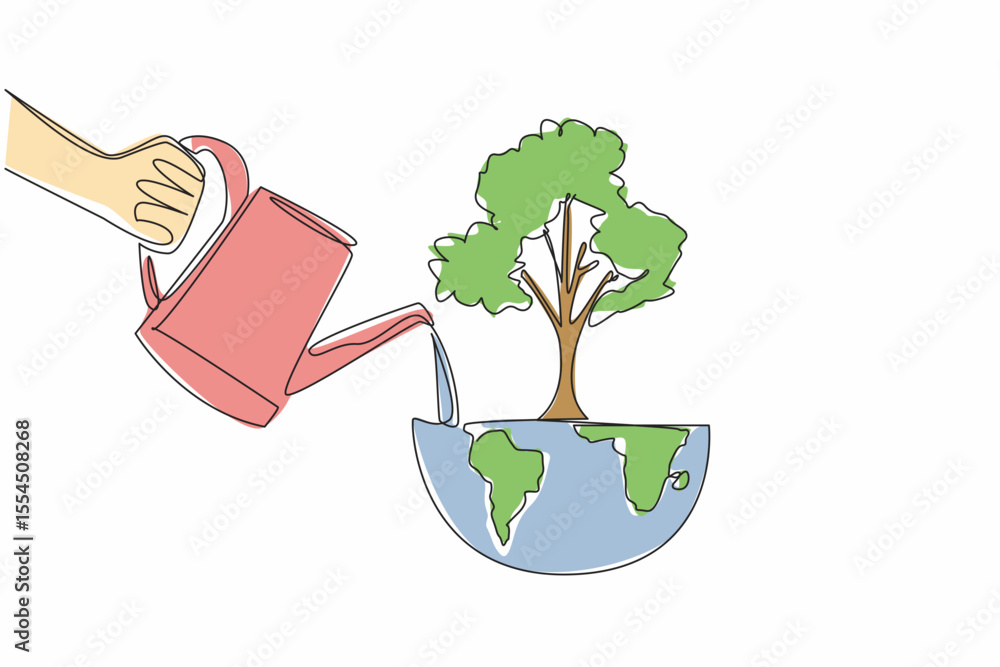Aufkleber single continuous line drawing a hand watering a tree on half the globe using a watering can. an act