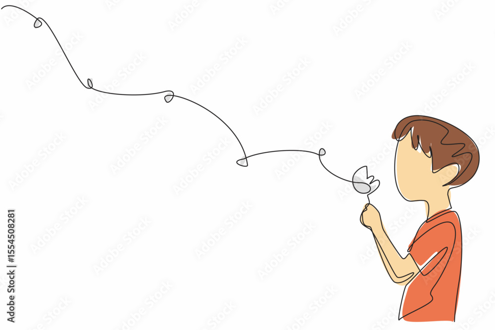 Poster continuous one line drawing boy holds a dandelion and blows on it so that the flakes fly. pray and f