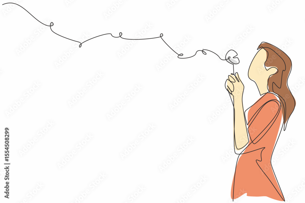 Poster single continuous line drawing woman in casual clothes holds a dandelion with both hands and blows i